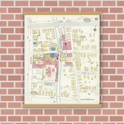 Old map wall art mockup — magnetic wood frame on brick wall — Sanborn Fire Insurance Map from Herkimer, Herkimer County, New York (1911), Sheet #0012