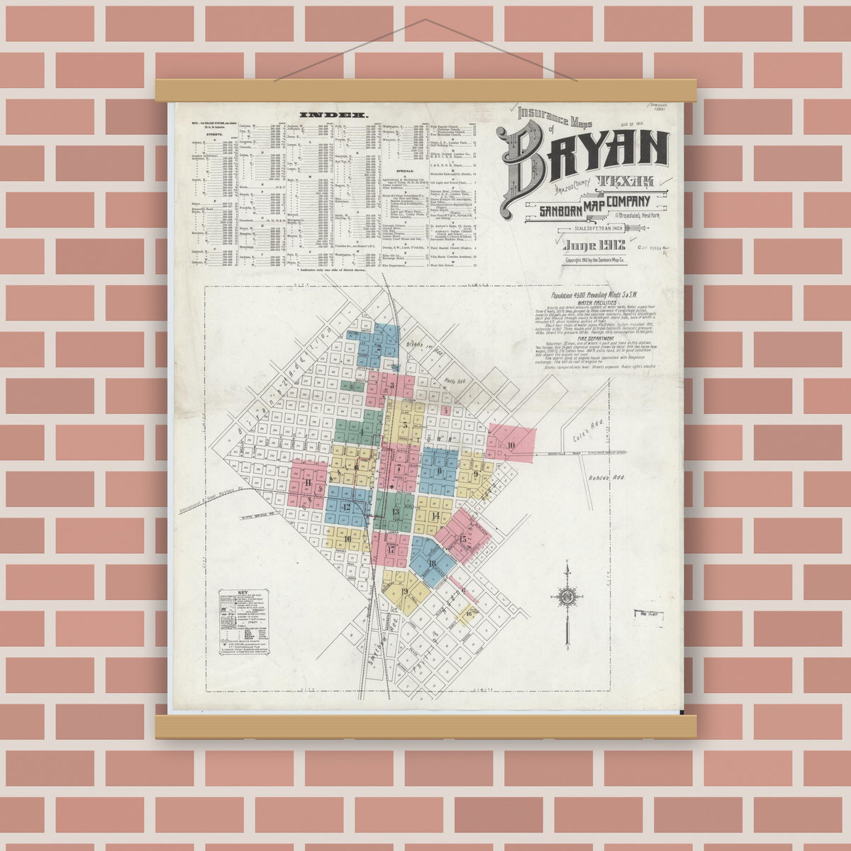 Old map wall art mockup — magnetic wood frame on brick wall — Sanborn Fire Insurance Map from Bryan, Brazos County, Texas (1912) - Complete Map Set