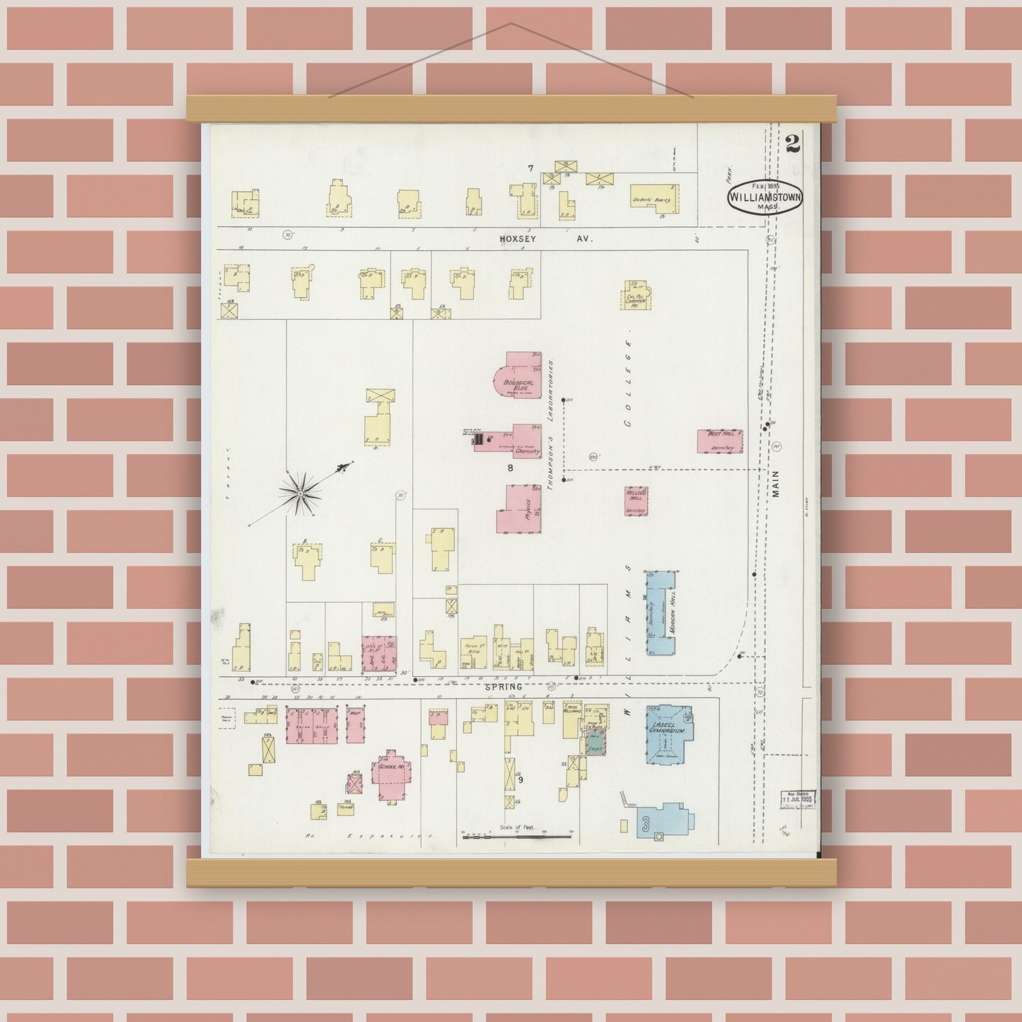 Old map wall art mockup — magnetic wood frame on brick wall — Sanborn Fire Insurance Map from Williamstown, Berkshire County, Massachusetts (1895), Sheet #0002