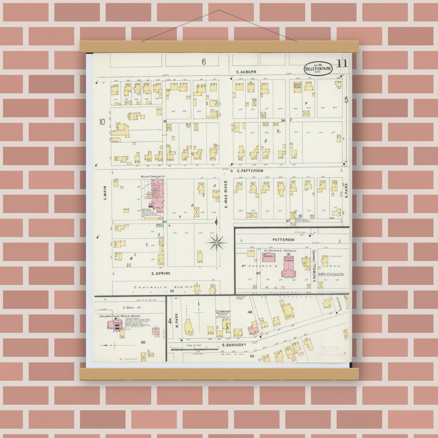 Old map wall art mockup — magnetic wood frame on brick wall — Sanborn Fire Insurance Map from Bellefontaine, Logan County, Ohio (1896), Sheet #0011