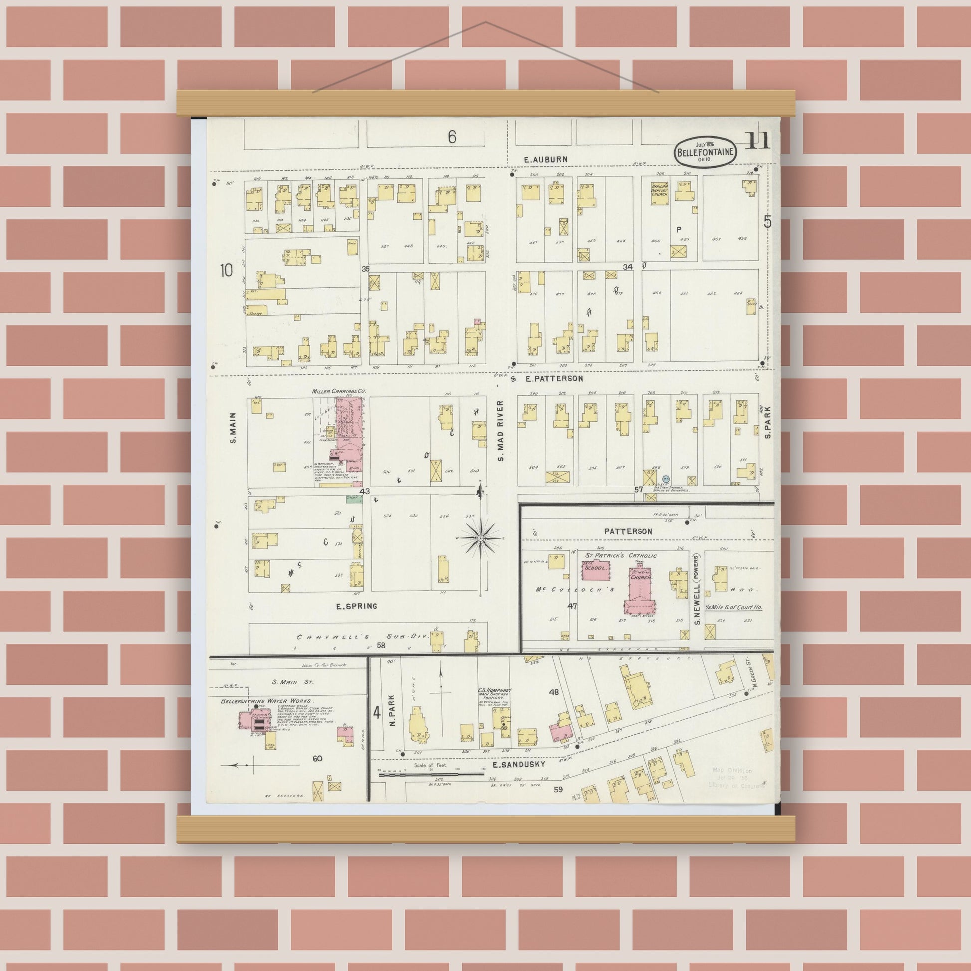Old map wall art mockup — magnetic wood frame on brick wall — Sanborn Fire Insurance Map from Bellefontaine, Logan County, Ohio (1896), Sheet #0011