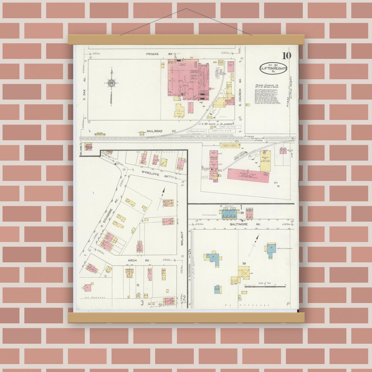 Old map wall art mockup — magnetic wood frame on brick wall — Sanborn Fire Insurance Map from Clifton Heights, Delaware County, Pennsylvania (1912), Sheet #0010