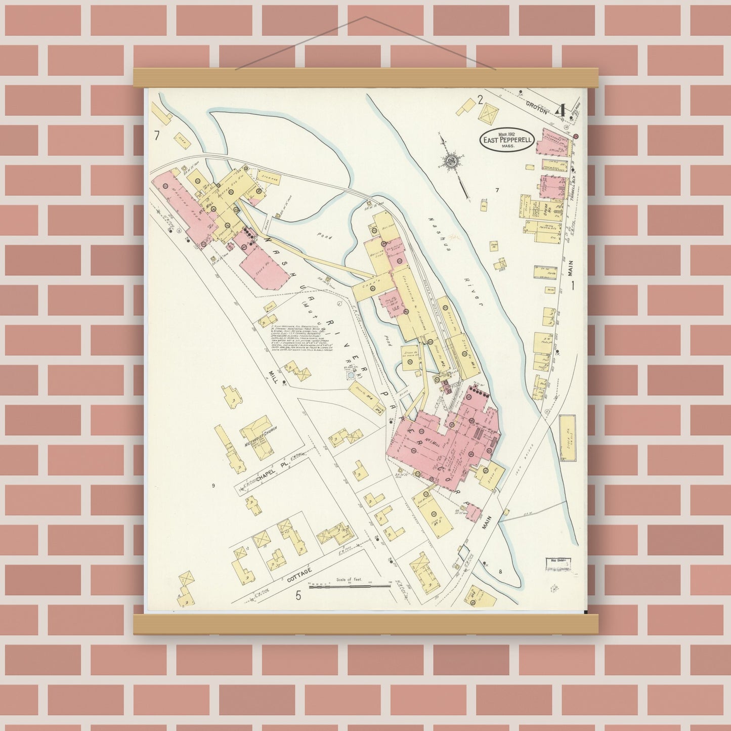 Old map wall art mockup — magnetic wood frame on brick wall — Sanborn Fire Insurance Map from East Pepperell, Middlesex County, Massachusetts (1912), Sheet #0004