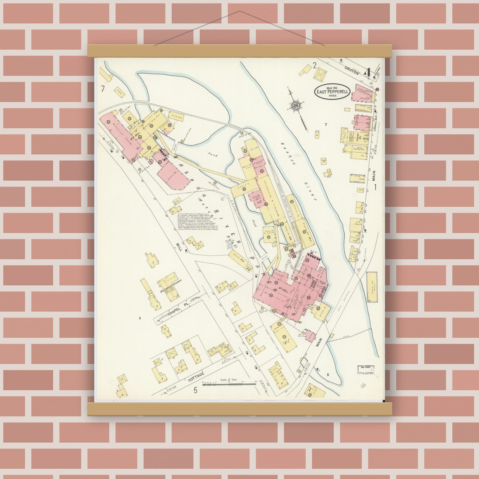 Old map wall art mockup — magnetic wood frame on brick wall — Sanborn Fire Insurance Map from East Pepperell, Middlesex County, Massachusetts (1912), Sheet #0004