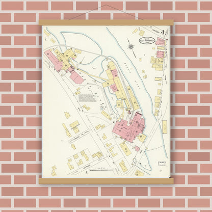 Old map wall art mockup — magnetic wood frame on brick wall — Sanborn Fire Insurance Map from East Pepperell, Middlesex County, Massachusetts (1912), Sheet #0004
