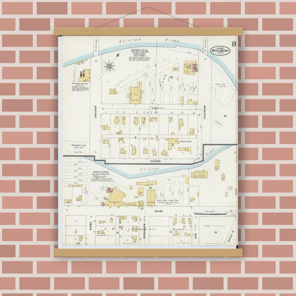 Old map wall art mockup — magnetic wood frame on brick wall — Sanborn Fire Insurance Map from Mount Clemens, Macomb County, Michigan (1897), Sheet #0008