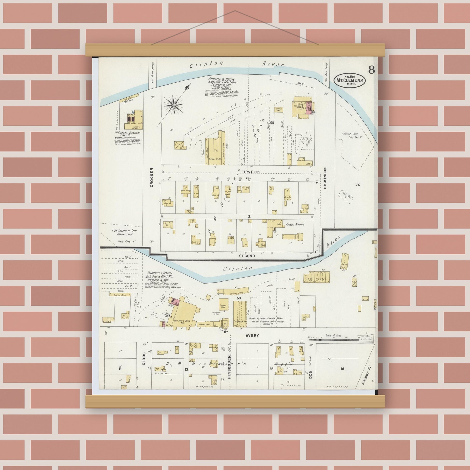 Old map wall art mockup — magnetic wood frame on brick wall — Sanborn Fire Insurance Map from Mount Clemens, Macomb County, Michigan (1897), Sheet #0008