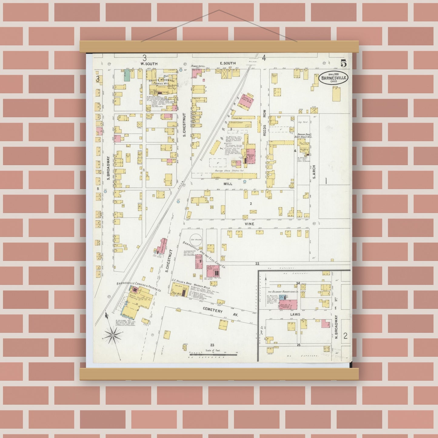 Old map wall art mockup — magnetic wood frame on brick wall — Sanborn Fire Insurance Map from Barnesville, Belmont County, Ohio (1899), Sheet #0005