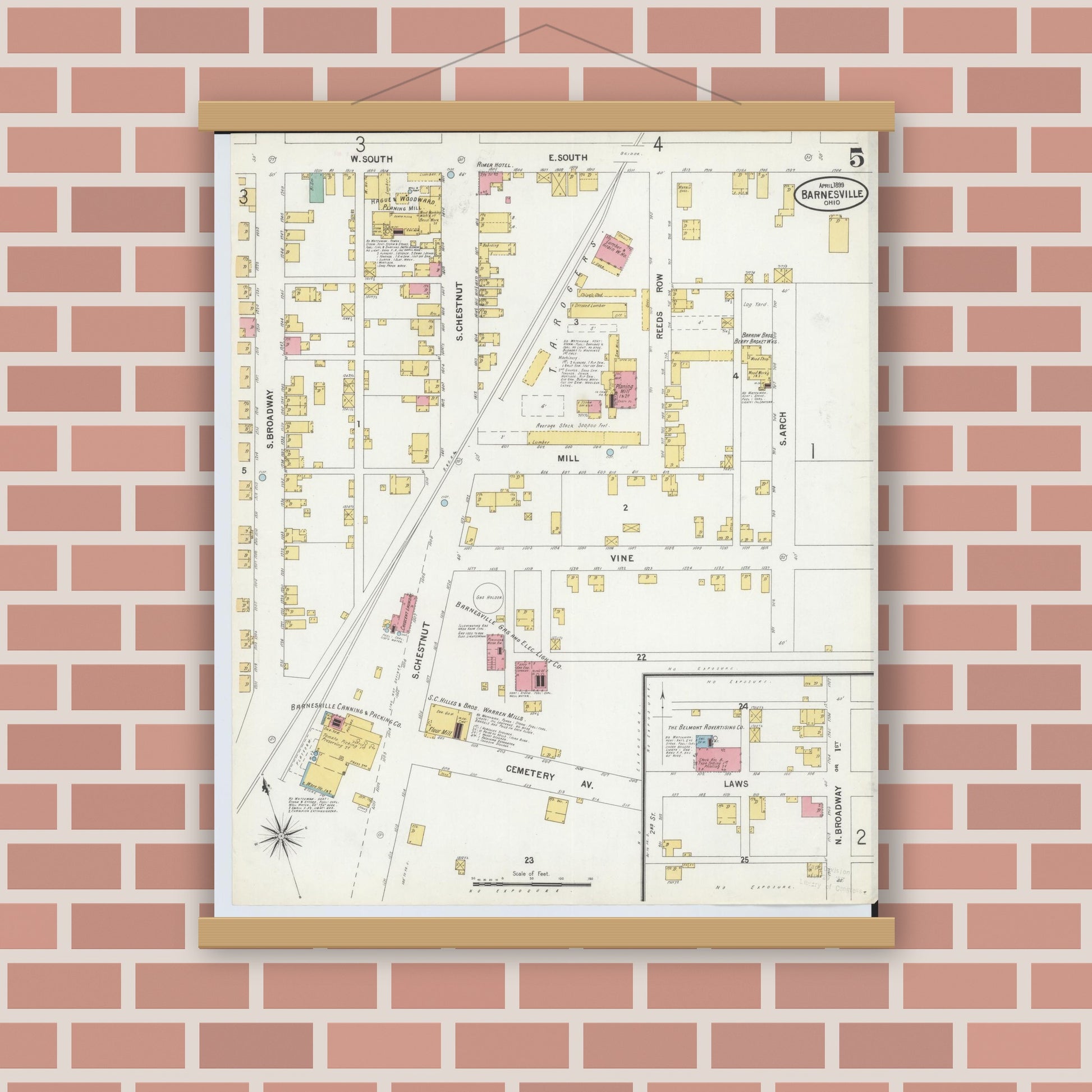 Old map wall art mockup — magnetic wood frame on brick wall — Sanborn Fire Insurance Map from Barnesville, Belmont County, Ohio (1899), Sheet #0005