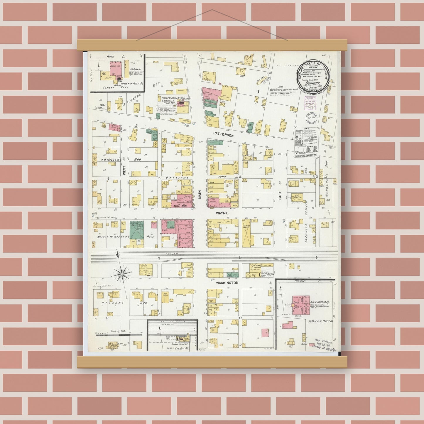 Old map wall art mockup — magnetic wood frame on brick wall — Sanborn Fire Insurance Map from Dunkirk, Hardin County, Ohio (1901), Sheet #0001