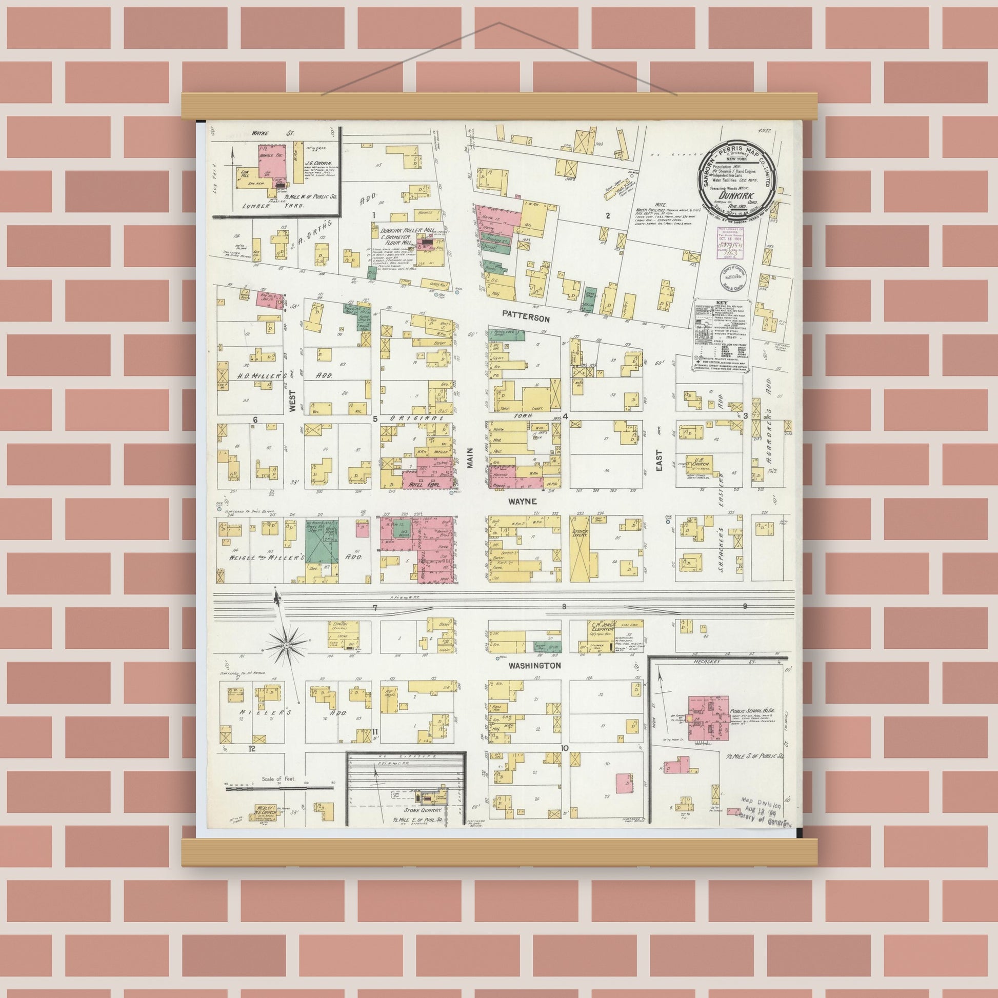 Old map wall art mockup — magnetic wood frame on brick wall — Sanborn Fire Insurance Map from Dunkirk, Hardin County, Ohio (1901), Sheet #0001