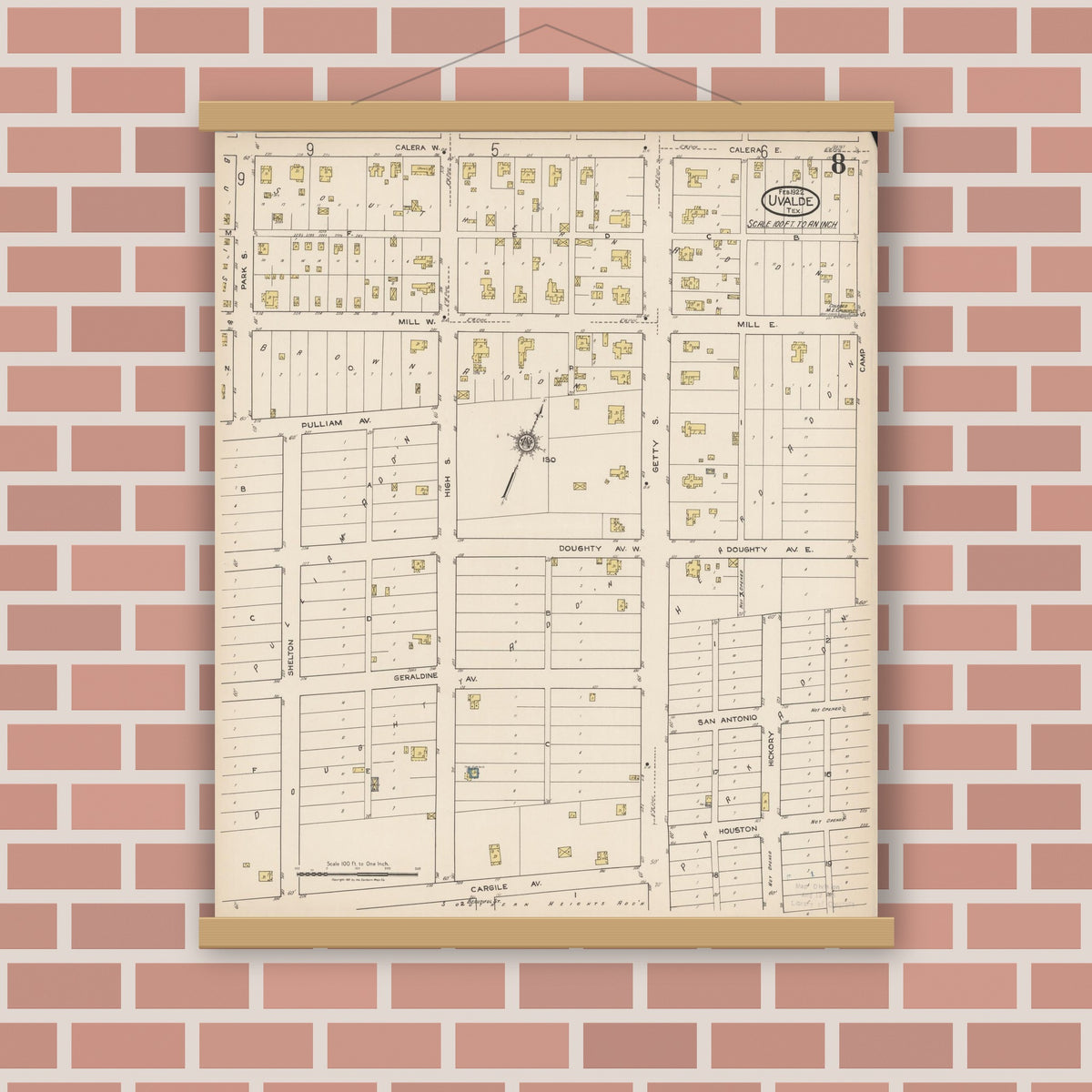 Old map wall art mockup — magnetic wood frame on brick wall — Sanborn Fire Insurance Map from Uvalde, Uvalde County, Texas (1922), Sheet #0008