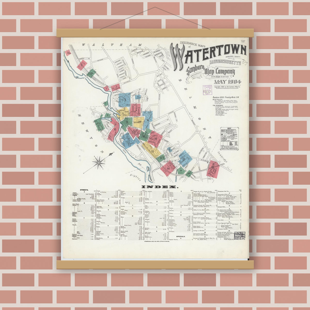 Old map wall art mockup — magnetic wood frame on brick wall — Sanborn Fire Insurance Map from Watertown, Middlesex County, Massachusetts (1904), Sheet #0001