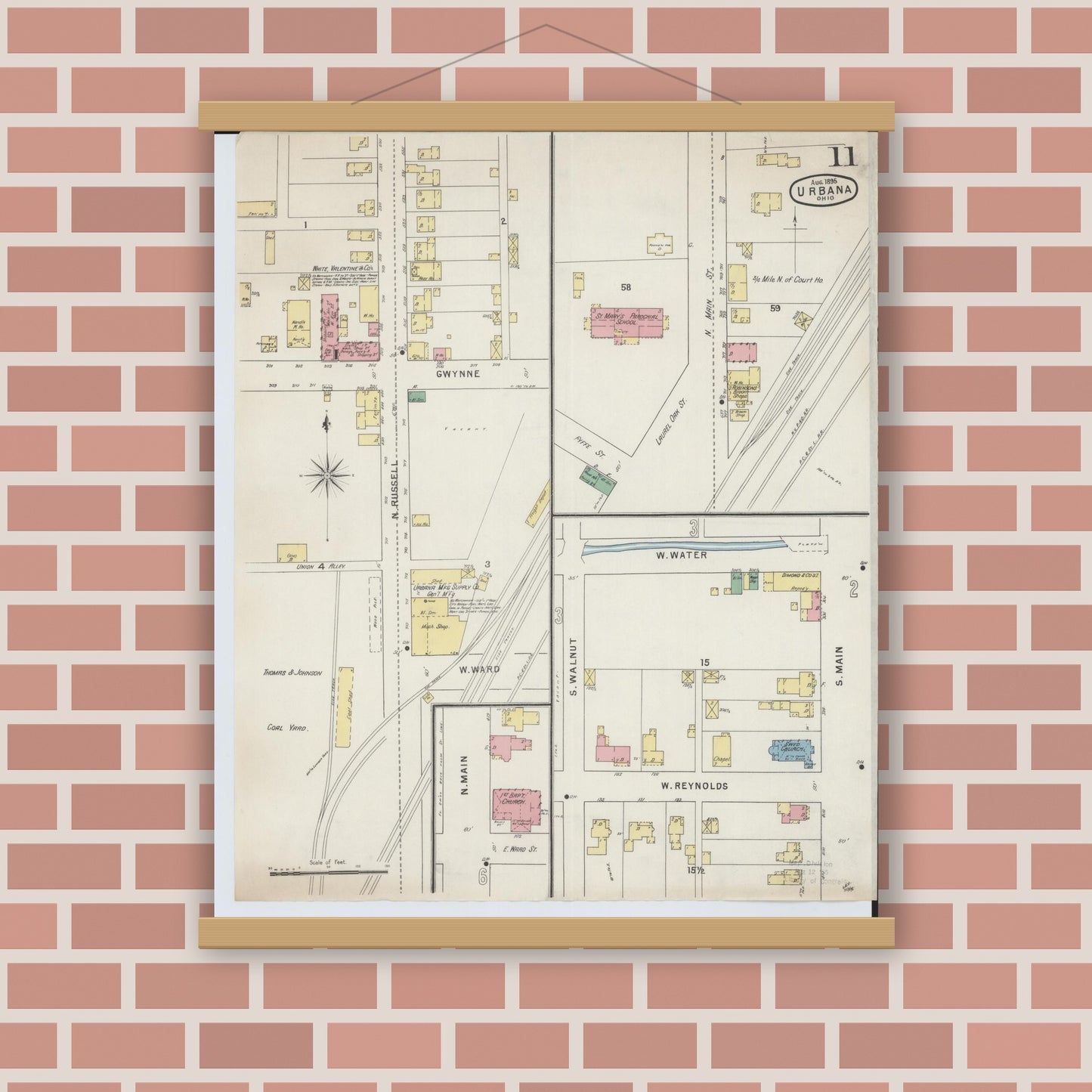 Old map wall art mockup — magnetic wood frame on brick wall — Sanborn Fire Insurance Map from Urbana, Champaign County, Ohio (1895), Sheet #0011