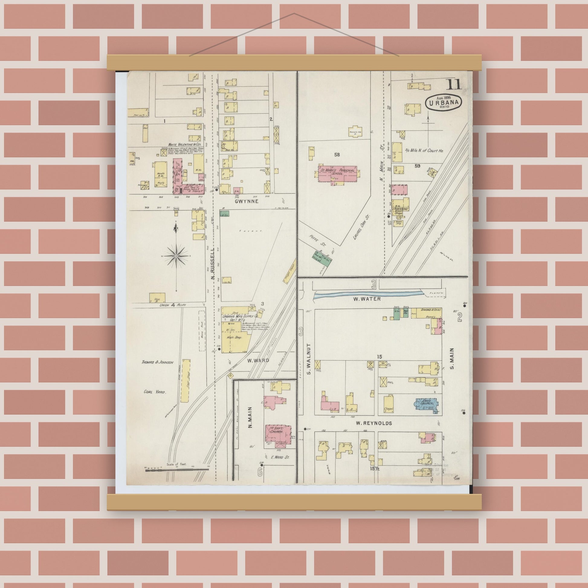 Old map wall art mockup — magnetic wood frame on brick wall — Sanborn Fire Insurance Map from Urbana, Champaign County, Ohio (1895), Sheet #0011