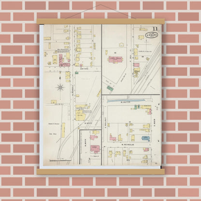 Old map wall art mockup — magnetic wood frame on brick wall — Sanborn Fire Insurance Map from Urbana, Champaign County, Ohio (1895), Sheet #0011