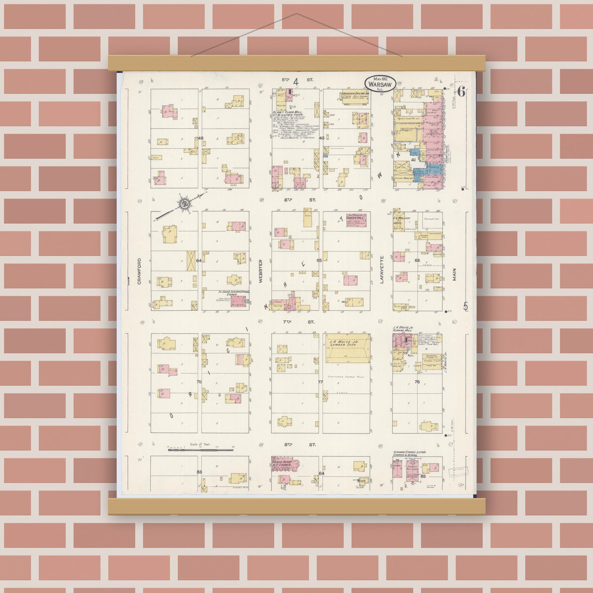 Old map wall art mockup — magnetic wood frame on brick wall — Sanborn Fire Insurance Map from Warsaw, Hancock County, Illinois (1912), Sheet #0006
