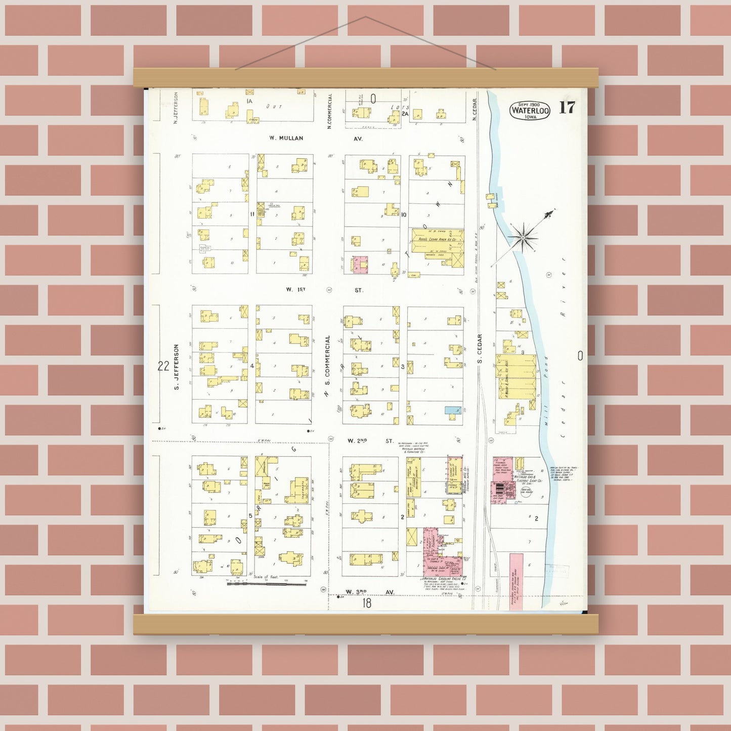 Old map wall art mockup — magnetic wood frame on brick wall — Sanborn Fire Insurance Map from Waterloo, Black Hawk County, Iowa (1900), Sheet #0017