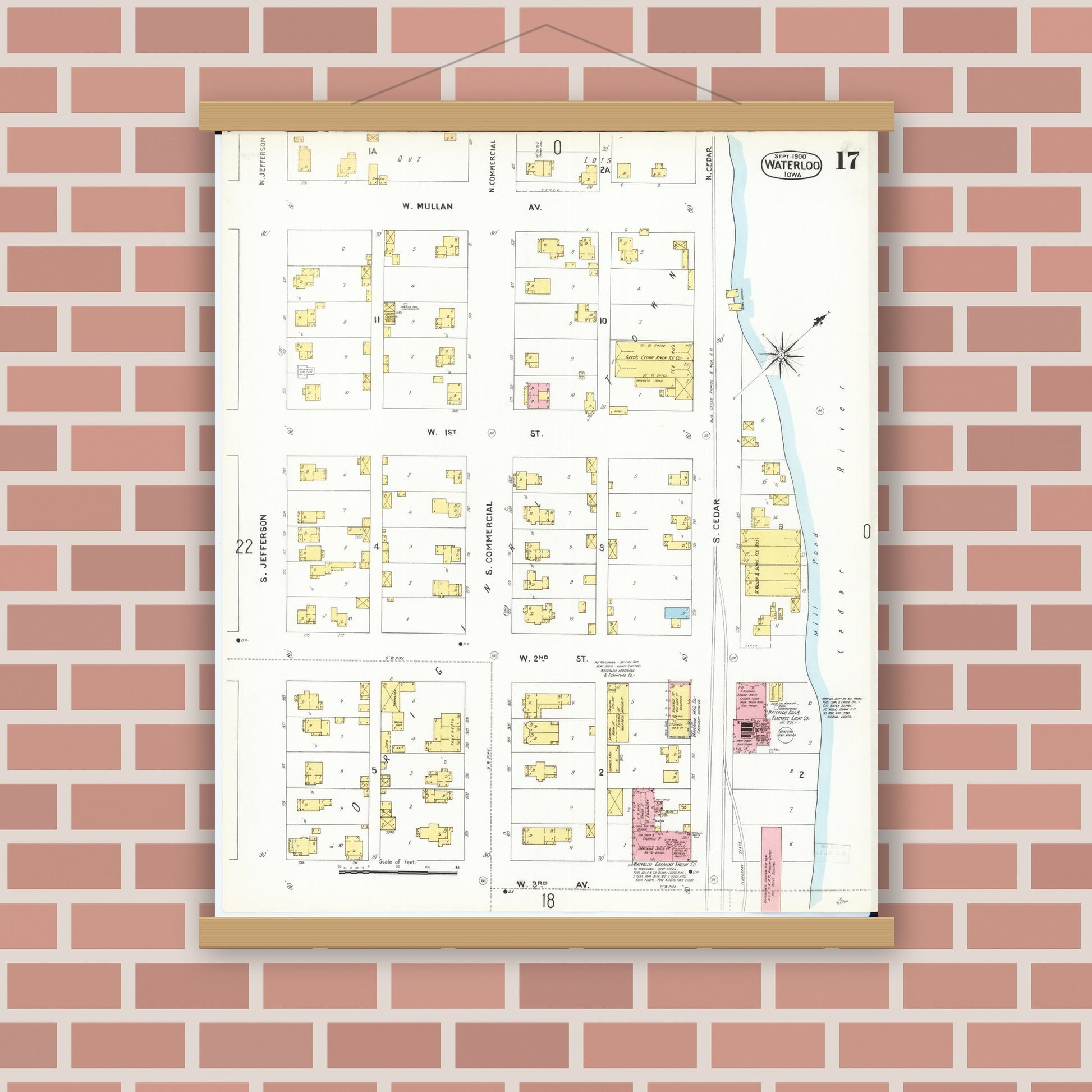 Old map wall art mockup — magnetic wood frame on brick wall — Sanborn Fire Insurance Map from Waterloo, Black Hawk County, Iowa (1900), Sheet #0017