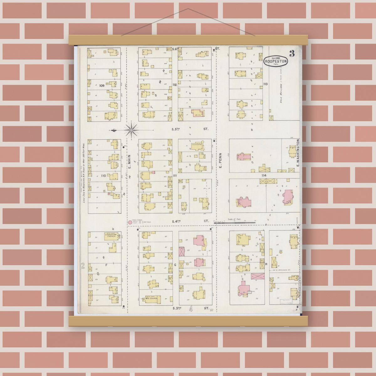 Old map wall art mockup — magnetic wood frame on brick wall — Sanborn Fire Insurance Map from Hoopeston, Vermilion County, Illinois (1895), Sheet #0003
