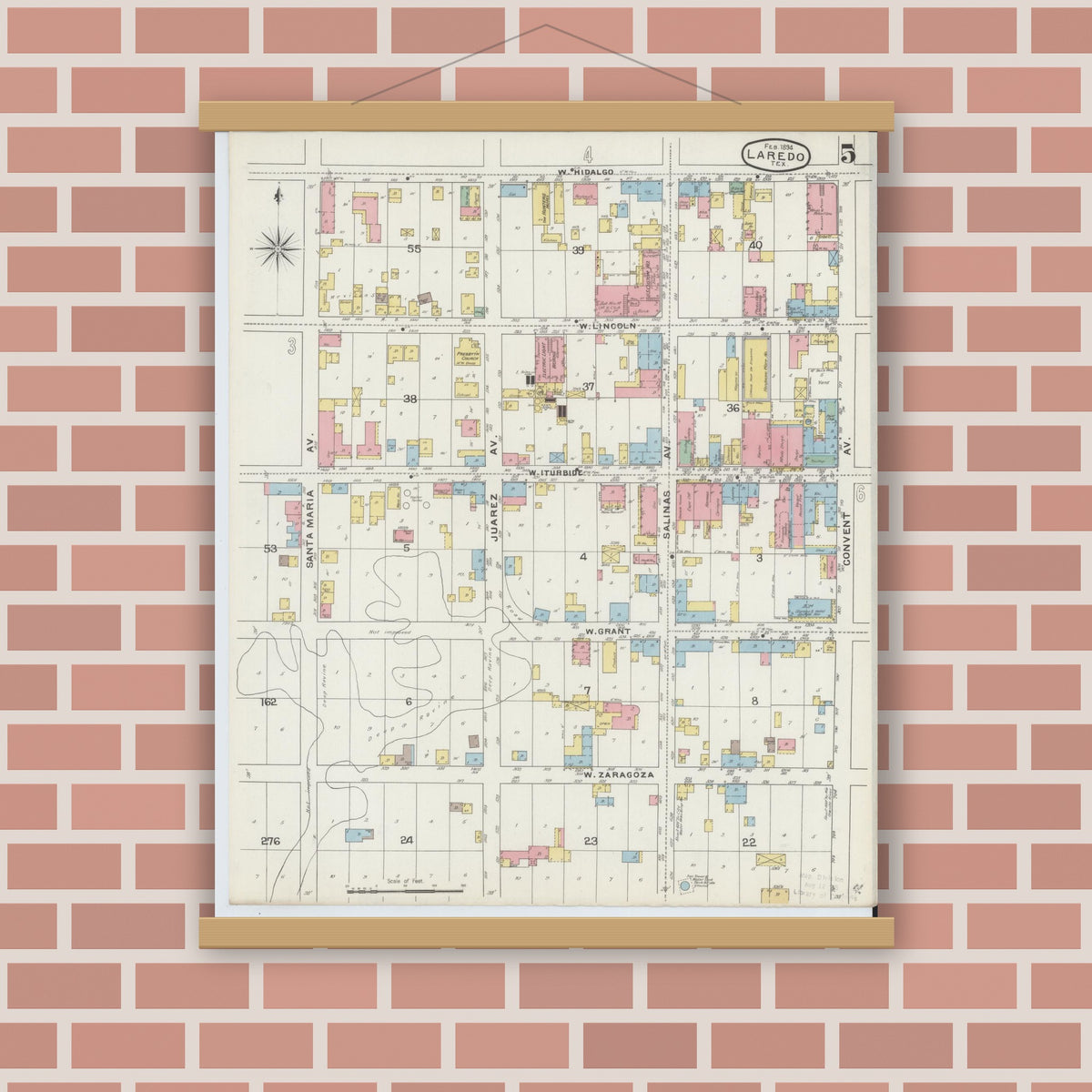 Old map wall art mockup — magnetic wood frame on brick wall — Sanborn Fire Insurance Map from Laredo, Webb County, Texas (1894), Sheet #0005