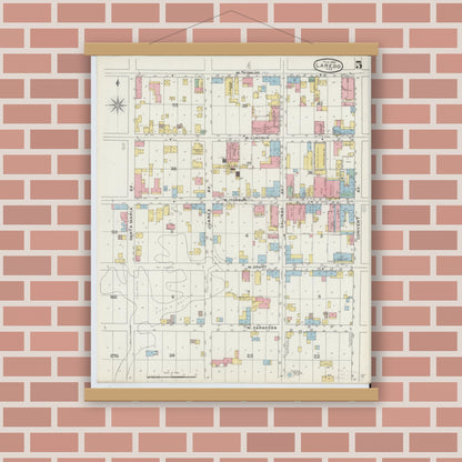 Old map wall art mockup — magnetic wood frame on brick wall — Sanborn Fire Insurance Map from Laredo, Webb County, Texas (1894), Sheet #0005
