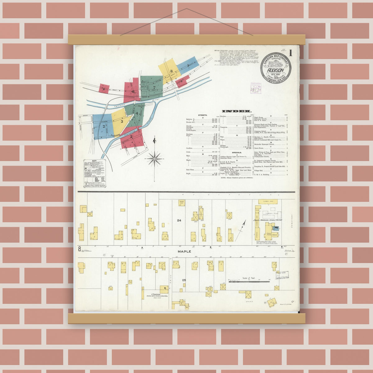 Old map wall art mockup — magnetic wood frame on brick wall — Sanborn Fire Insurance Map from Addison, Steuben County, New York (1909), Sheet #0001