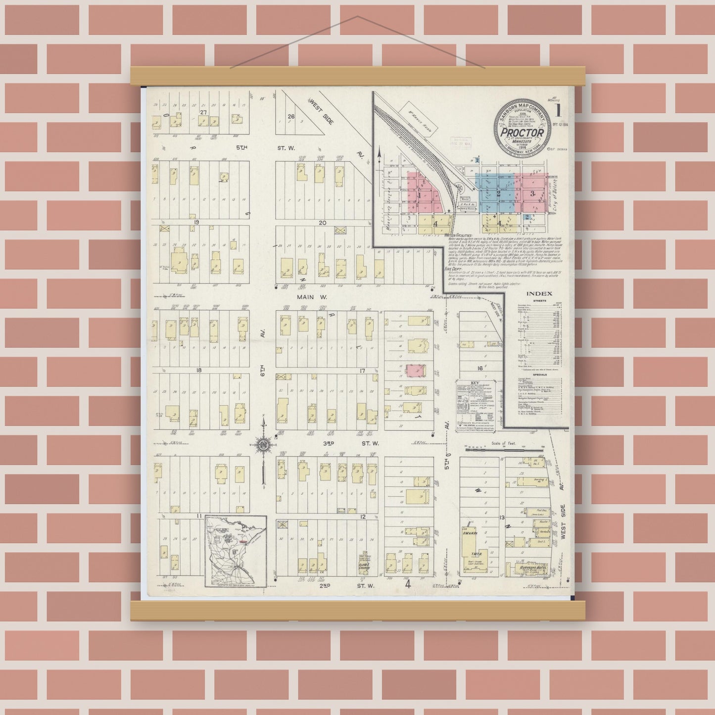 Old map wall art mockup — magnetic wood frame on brick wall — Sanborn Fire Insurance Map from Proctor, Saint Louis County, Minnesota (1914) - Complete Map Set