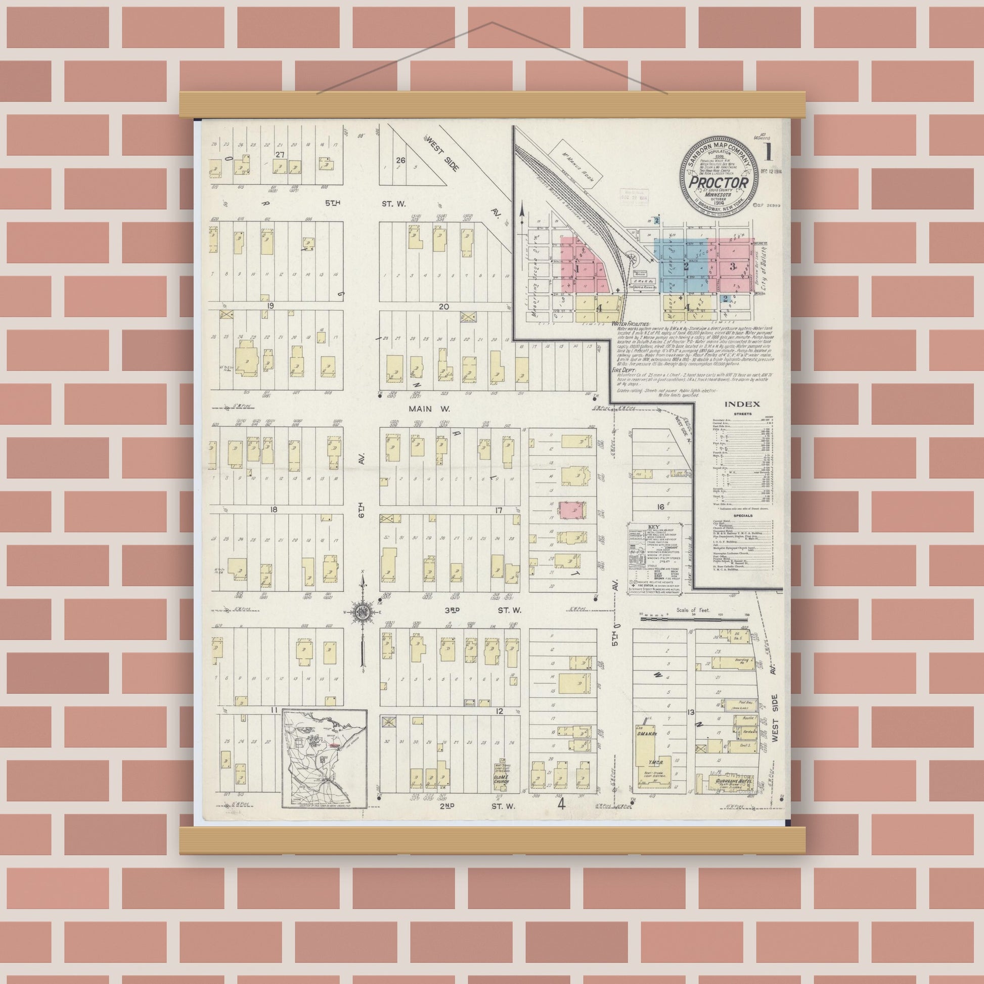 Old map wall art mockup — magnetic wood frame on brick wall — Sanborn Fire Insurance Map from Proctor, Saint Louis County, Minnesota (1914) - Complete Map Set