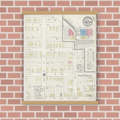 Old map wall art mockup — magnetic wood frame on brick wall — Sanborn Fire Insurance Map from Proctor, Saint Louis County, Minnesota (1914) - Complete Map Set