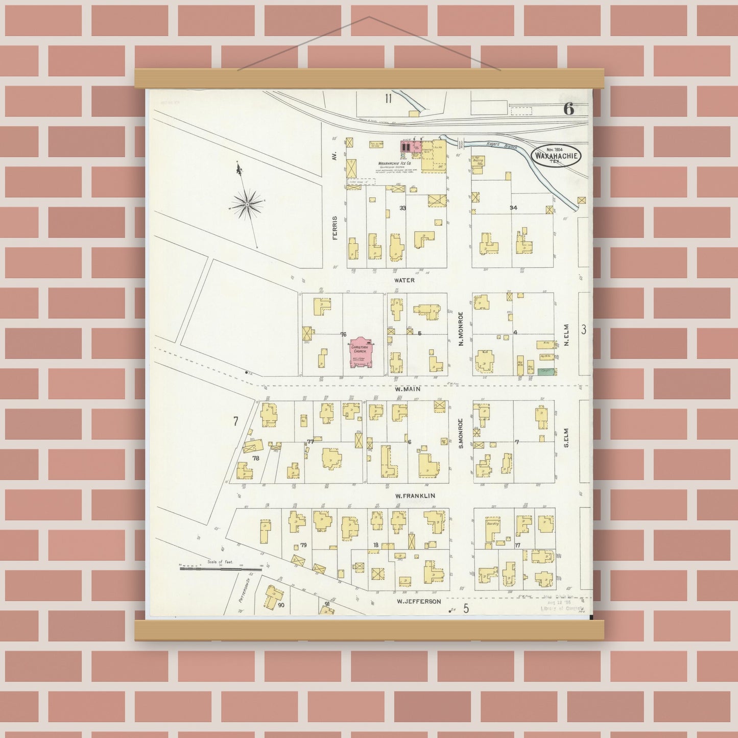 Old map wall art mockup — magnetic wood frame on brick wall — Sanborn Fire Insurance Map from Waxahachie, Ellis County, Texas (1904), Sheet #0006