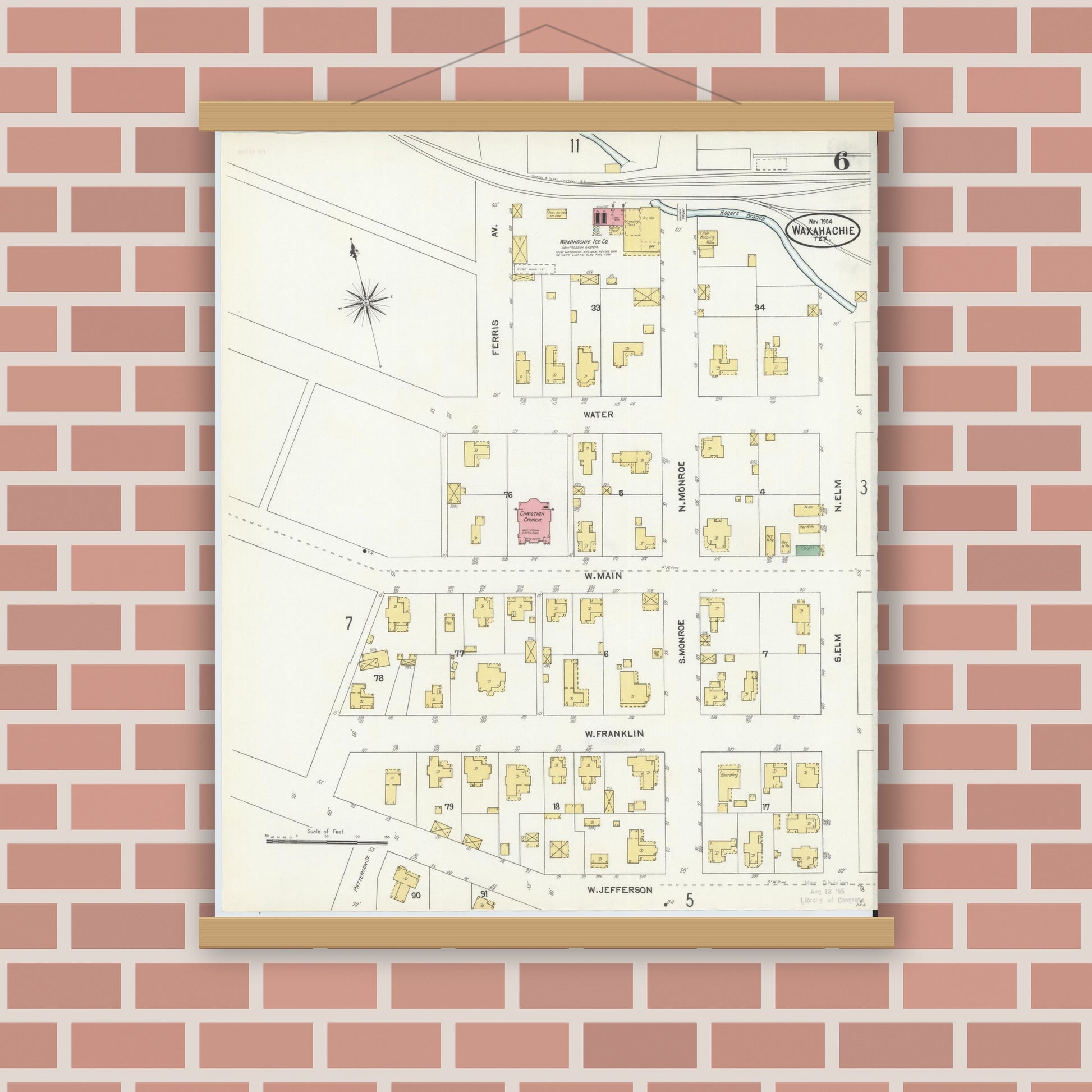 Old map wall art mockup — magnetic wood frame on brick wall — Sanborn Fire Insurance Map from Waxahachie, Ellis County, Texas (1904), Sheet #0006
