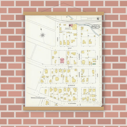Old map wall art mockup — magnetic wood frame on brick wall — Sanborn Fire Insurance Map from Waxahachie, Ellis County, Texas (1904), Sheet #0006
