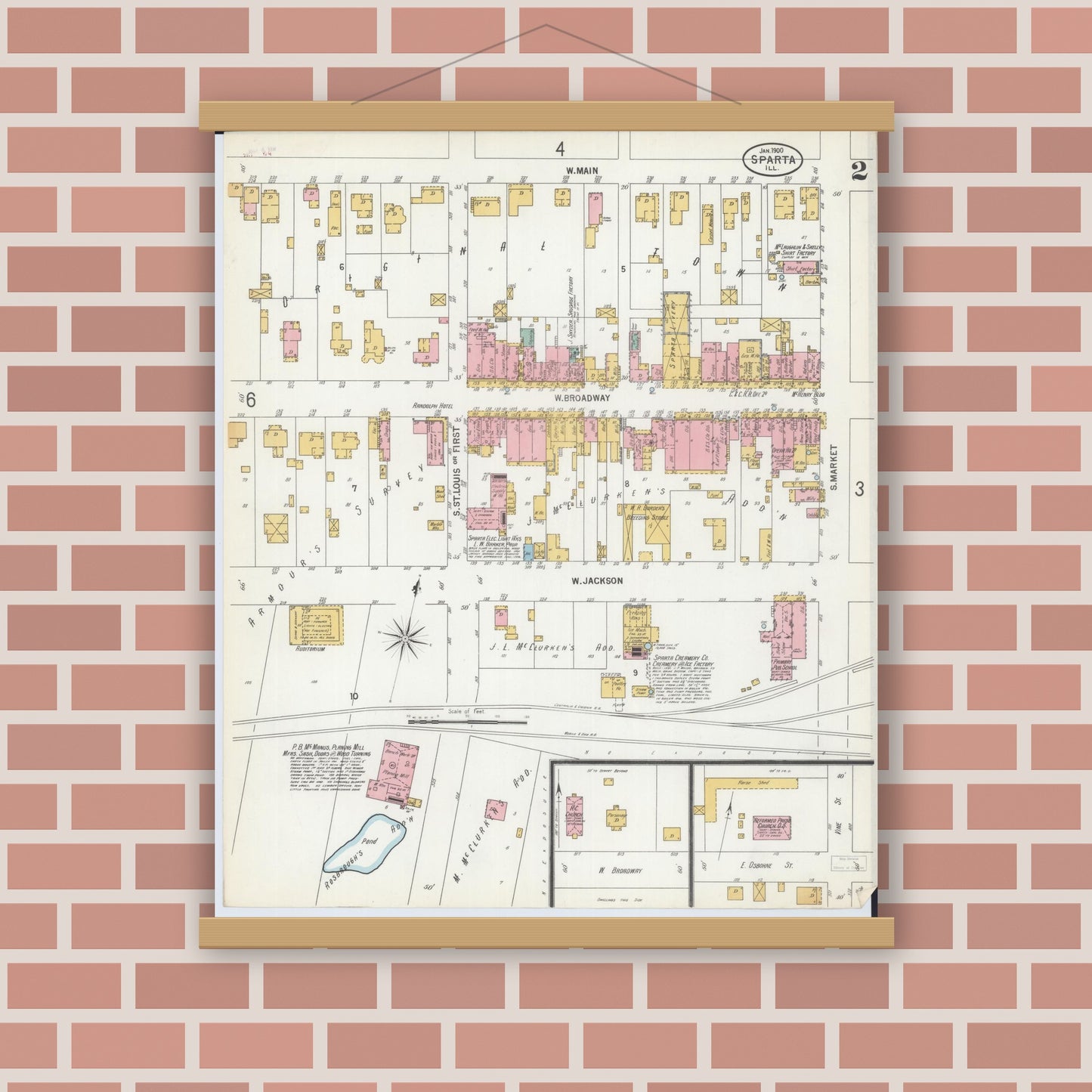Old map wall art mockup — magnetic wood frame on brick wall — Sanborn Fire Insurance Map from Sparta, Randolph County, Illinois (1900), Sheet #0002