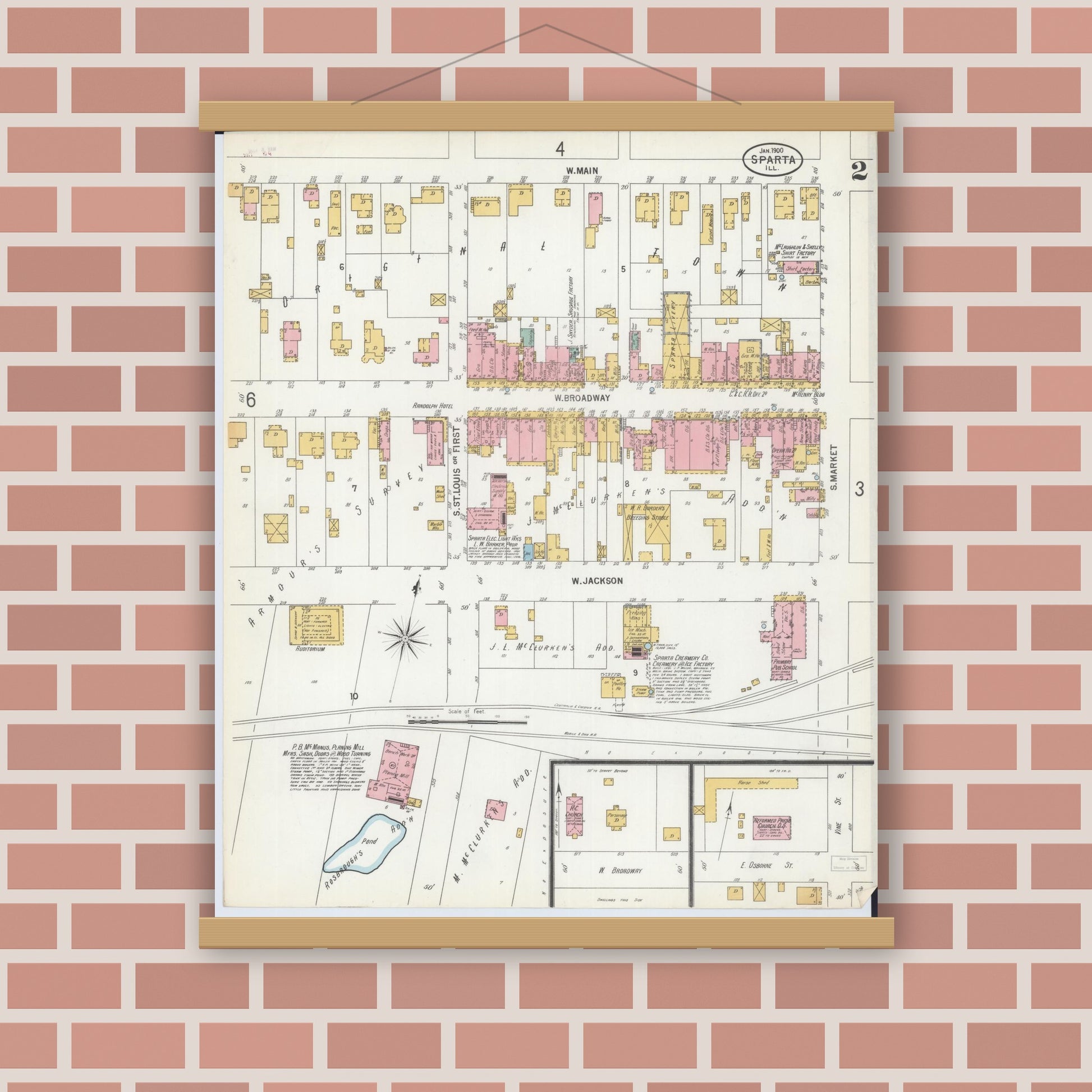 Old map wall art mockup — magnetic wood frame on brick wall — Sanborn Fire Insurance Map from Sparta, Randolph County, Illinois (1900), Sheet #0002