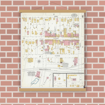 Old map wall art mockup — magnetic wood frame on brick wall — Sanborn Fire Insurance Map from Sparta, Randolph County, Illinois (1900), Sheet #0002