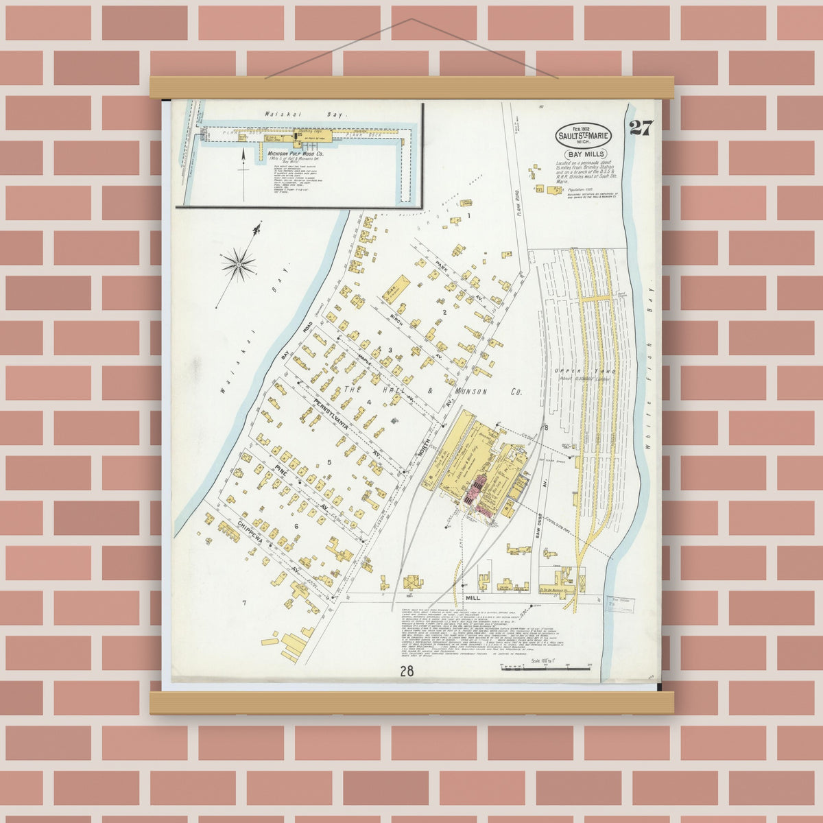 Old map wall art mockup — magnetic wood frame on brick wall — Sanborn Fire Insurance Map from Sault Sainte Marie, Chippewa County, Michigan (1902), Sheet #0027