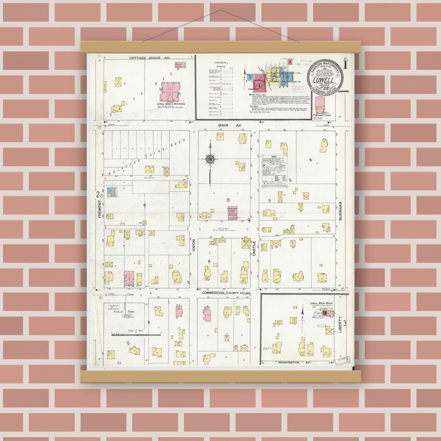 Old map wall art mockup — magnetic wood frame on brick wall — Sanborn Fire Insurance Map from Lowell, Lake County, Indiana (1909) - Complete Map Set