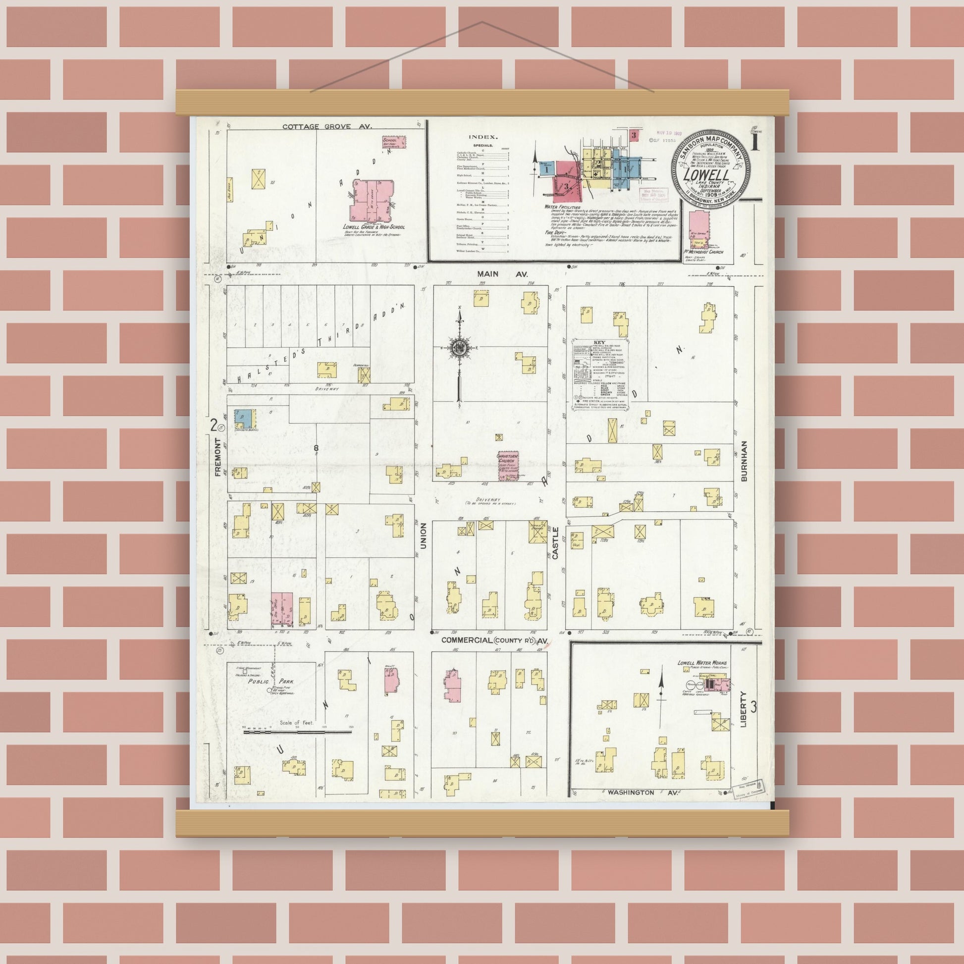 Old map wall art mockup — magnetic wood frame on brick wall — Sanborn Fire Insurance Map from Lowell, Lake County, Indiana (1909) - Complete Map Set