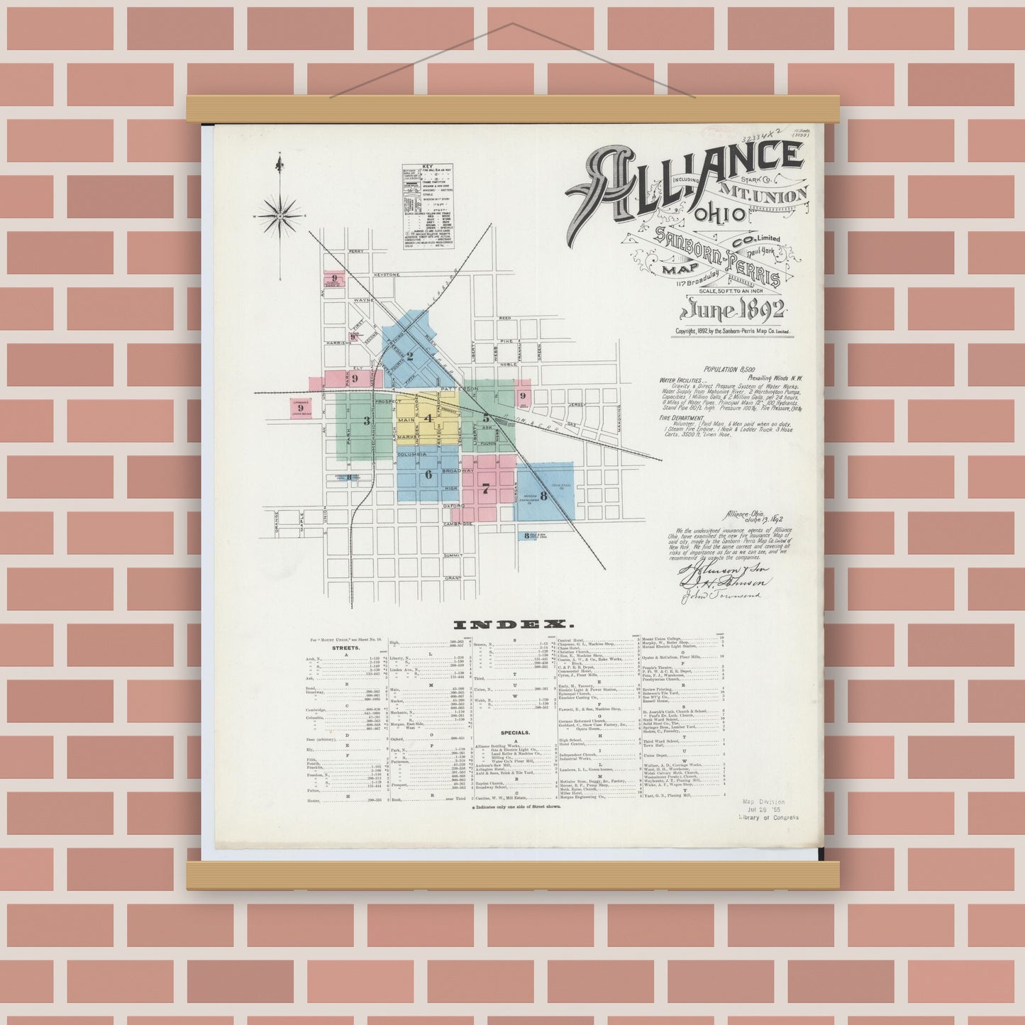 Old map wall art mockup — magnetic wood frame on brick wall — Sanborn Fire Insurance Map from Alliance, Stark County, Ohio (1892) - Complete Map Set