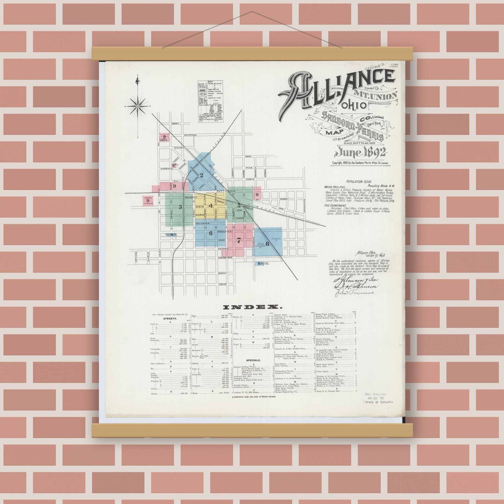 Old map wall art mockup — magnetic wood frame on brick wall — Sanborn Fire Insurance Map from Alliance, Stark County, Ohio (1892) - Complete Map Set