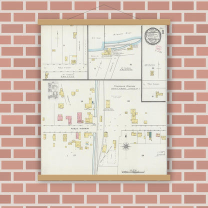 Old map wall art mockup — magnetic wood frame on brick wall — Sanborn Fire Insurance Map from Fredonia, Ozaukee County, Wisconsin (1894) - Complete Map Set