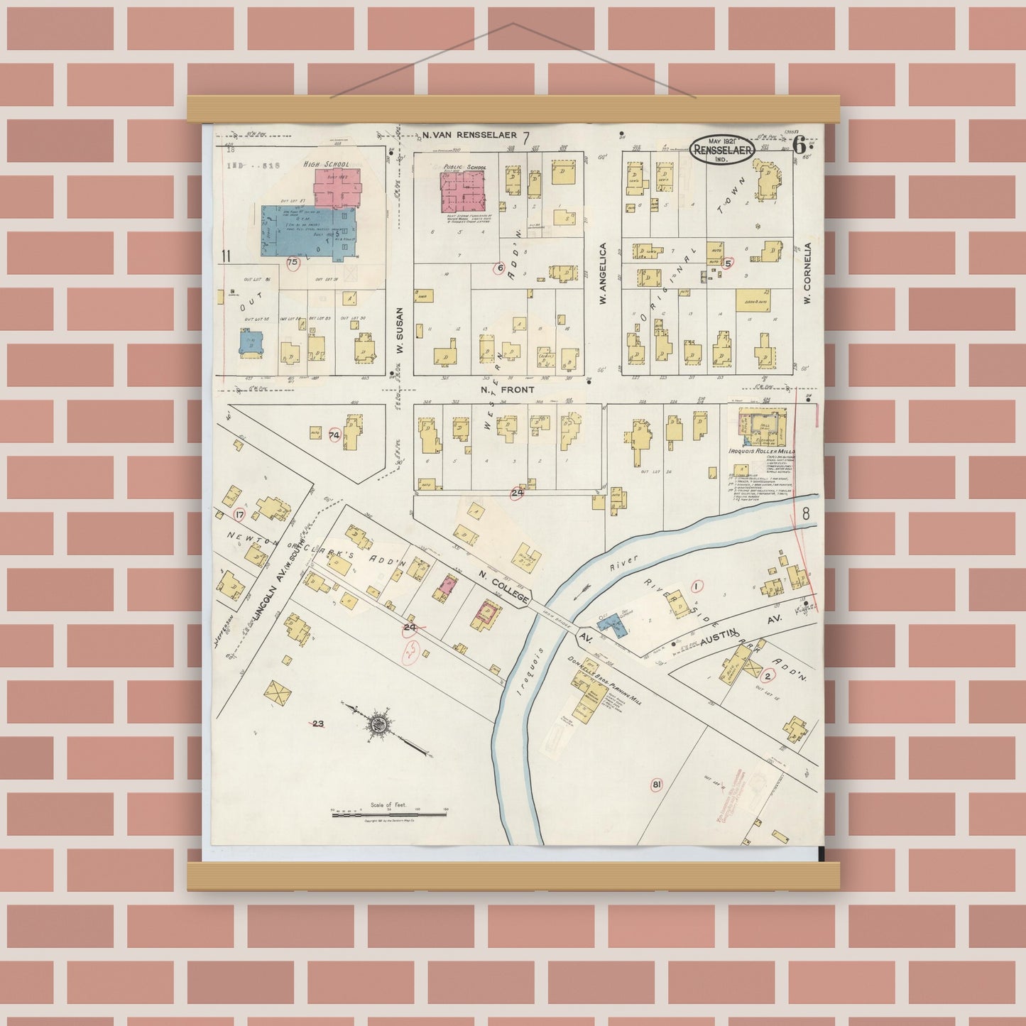 Old map wall art mockup — magnetic wood frame on brick wall — Sanborn Fire Insurance Map from Rensselaer, Jasper County, Indiana (1942), Sheet #0006