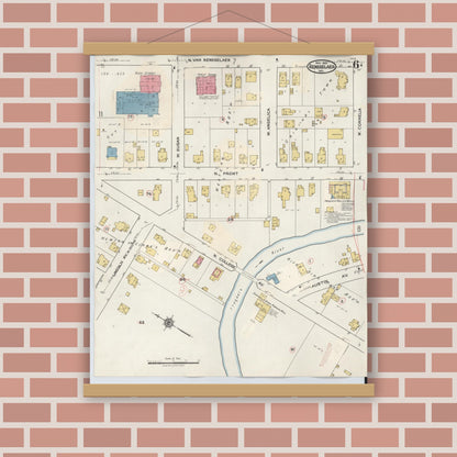 Old map wall art mockup — magnetic wood frame on brick wall — Sanborn Fire Insurance Map from Rensselaer, Jasper County, Indiana (1942), Sheet #0006