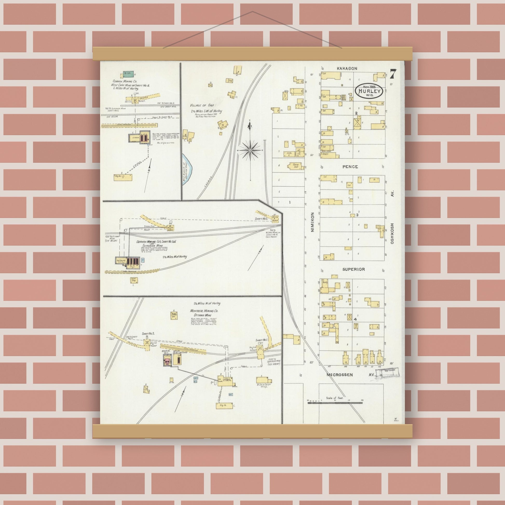 Old map wall art mockup — magnetic wood frame on brick wall — Sanborn Fire Insurance Map from Hurley, Iron County, Wisconsin (1905), Sheet #0007