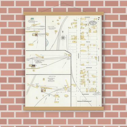 Old map wall art mockup — magnetic wood frame on brick wall — Sanborn Fire Insurance Map from Hurley, Iron County, Wisconsin (1905), Sheet #0007