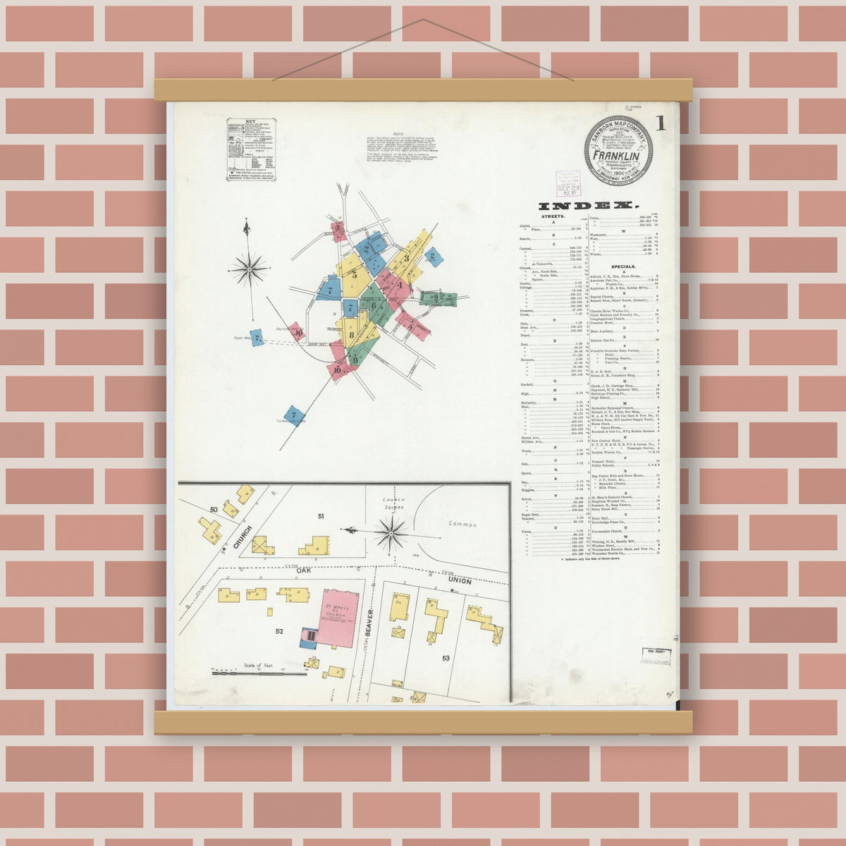 Old map wall art mockup — magnetic wood frame on brick wall — Sanborn Fire Insurance Map from Franklin, Norfolk County, Massachusetts (1904) - Complete Map Set