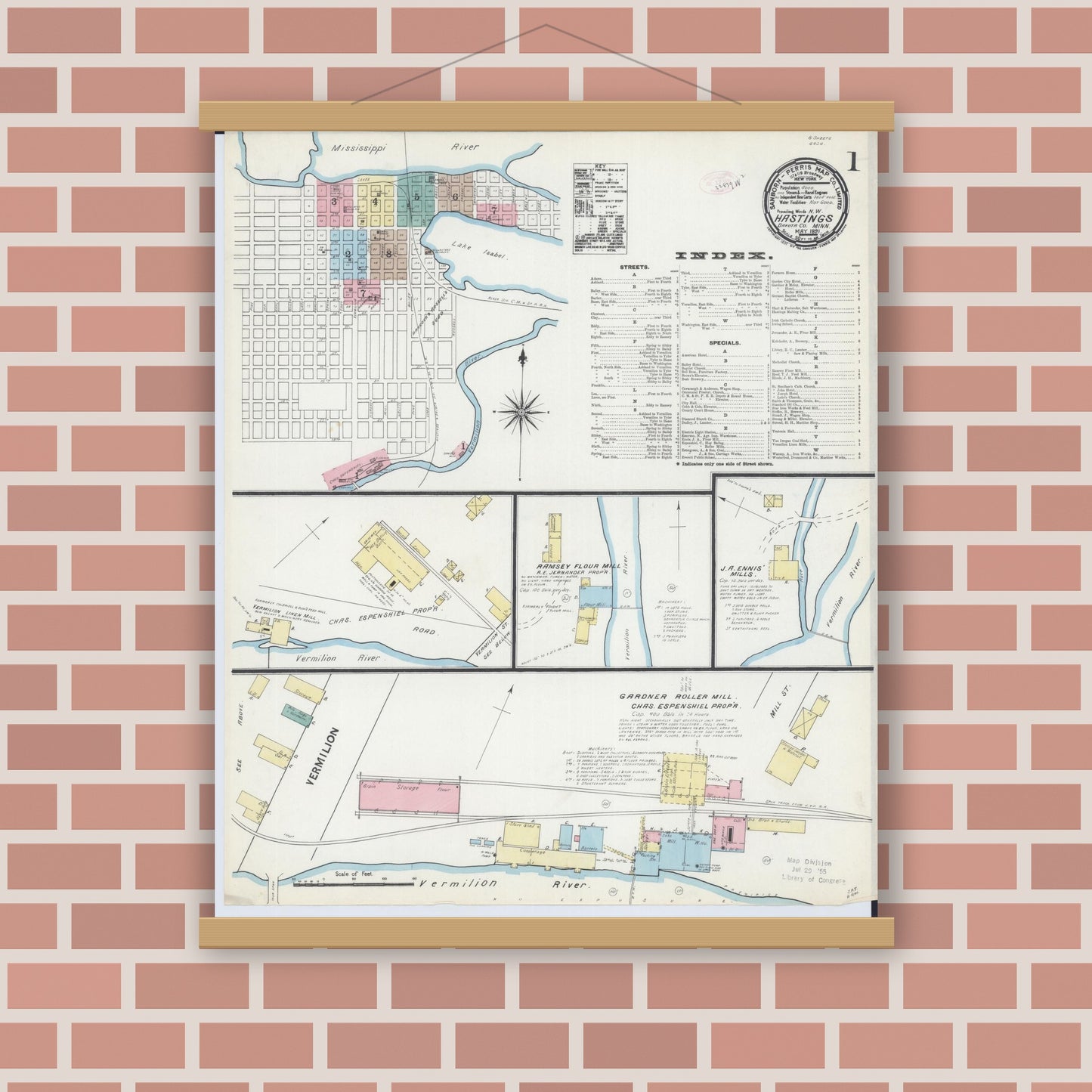 Old map wall art mockup — magnetic wood frame on brick wall — Sanborn Fire Insurance Map from Hastings, Dakota County, Minnesota (1891) - Complete Map Set