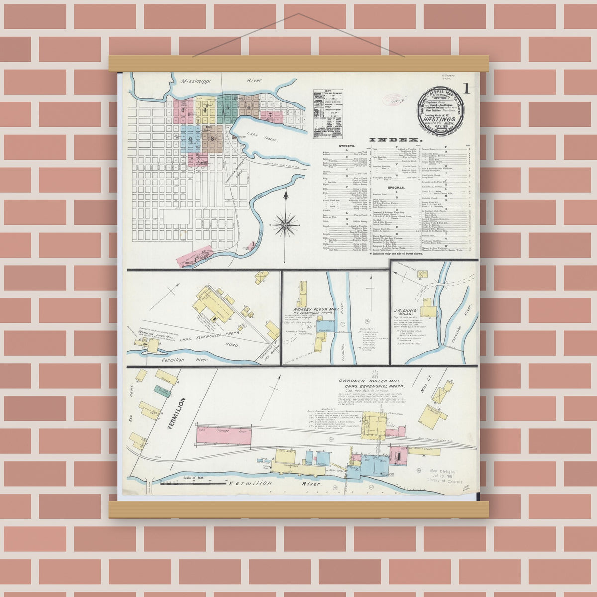 Old map wall art mockup — magnetic wood frame on brick wall — Sanborn Fire Insurance Map from Hastings, Dakota County, Minnesota (1891) - Complete Map Set