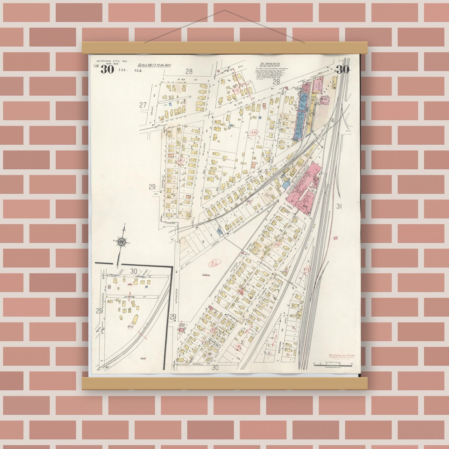 Old map wall art mockup — magnetic wood frame on brick wall — Sanborn Fire Insurance Map from Michigan City, La Porte County, Indiana (1948), Sheet #0030